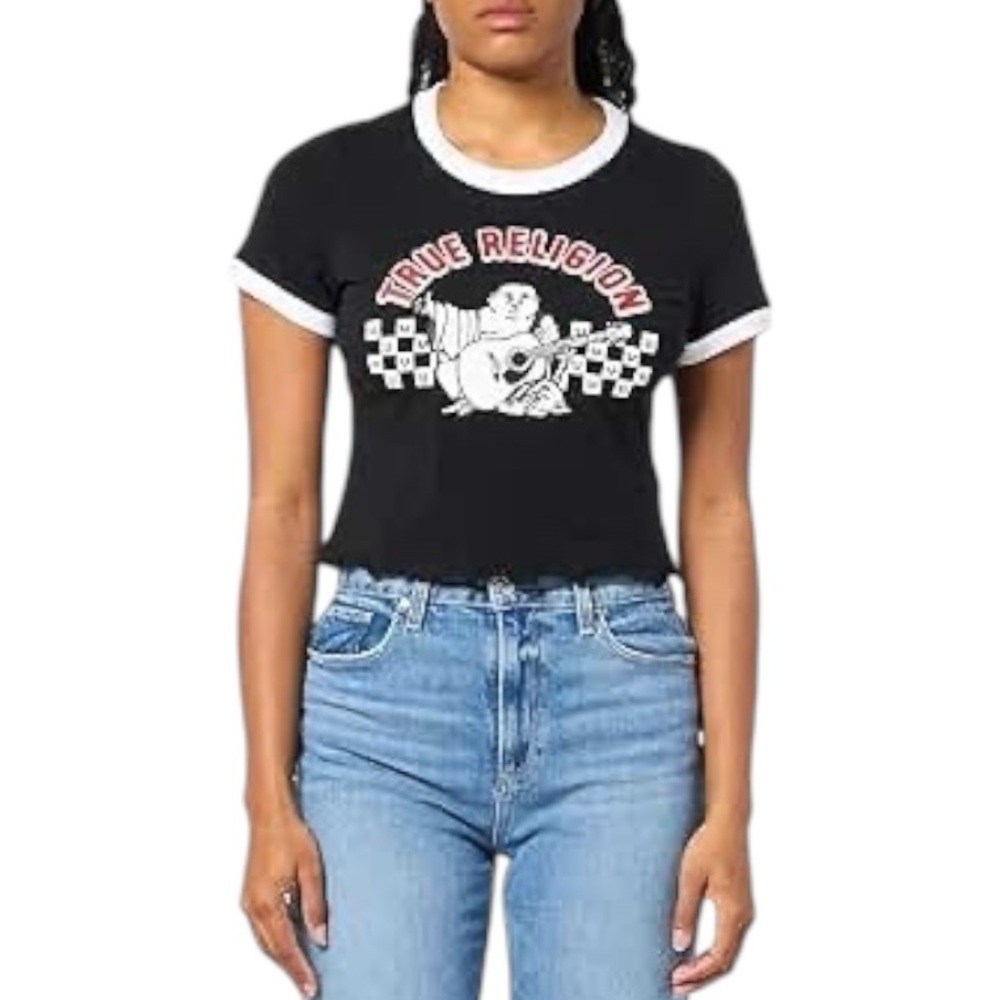 NWT True Religion Black TR Buddha Logo Crop T-Shirt